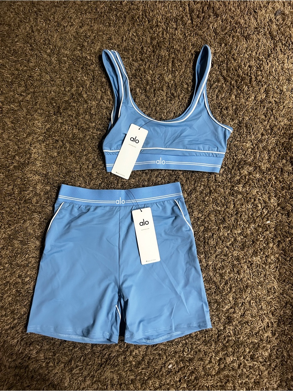 ALO Yoga Kids Blue Swim Crop Top & Swim Shorts Set